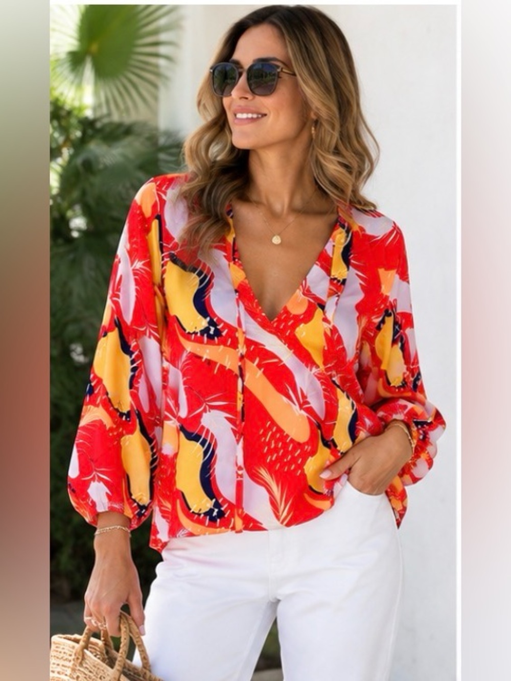 Farm Rio Style Jade Tropical Blouse Anthropologie Resort Boho Top